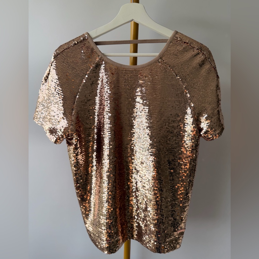 Sweaty Betty Rose Gold Sequin Top Short Sleeve Party Blouse Size S